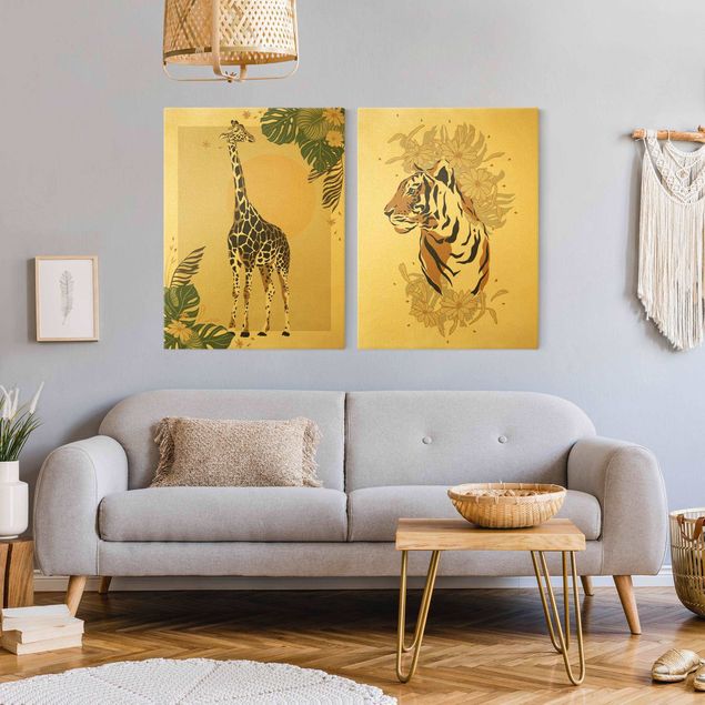 Wandbilder Giraffen Safari Tiere - Giraffe und Tiger