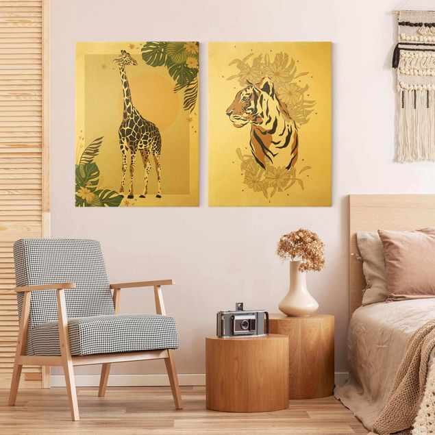 Tiger Bild Leinwand Safari Tiere - Giraffe und Tiger