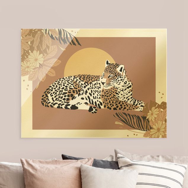 Glasbilder Blumen Motive Safari Tiere - Leopard im Sonnenuntergang