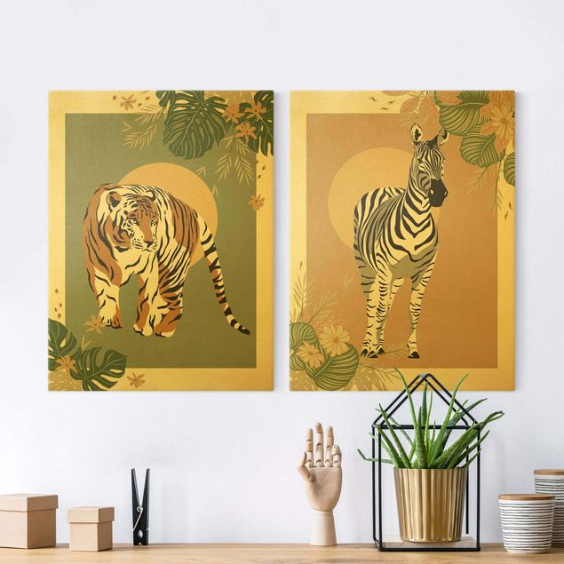 Tiger Bild Leinwand Safari Tiere - Zebra und Tiger vor Sonne