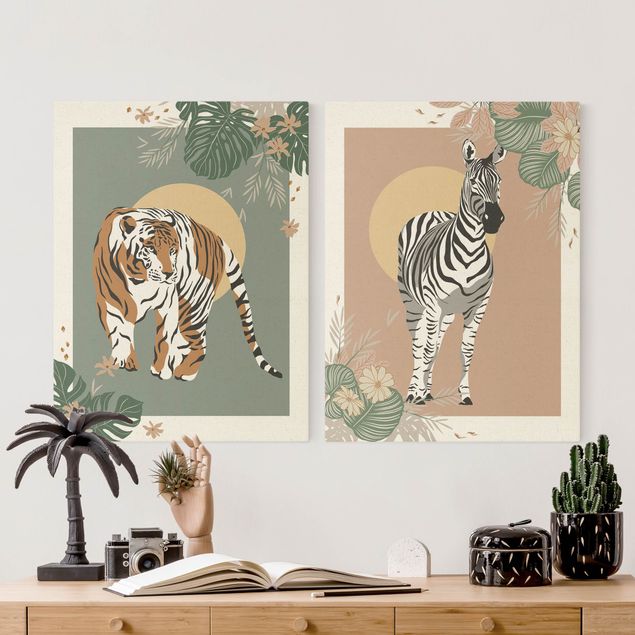 Wandbilder Zebras Safari Tiere - Zebra und Tiger vor Sonne