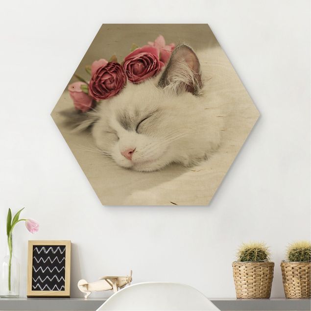 Schlafende Katze mit Rosen Holz Hexagon Bild