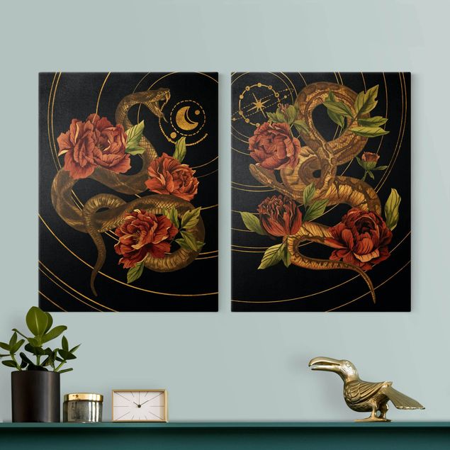 Wandbilder Blumen Schlange mit Rosen Schwarz und Gold Duo