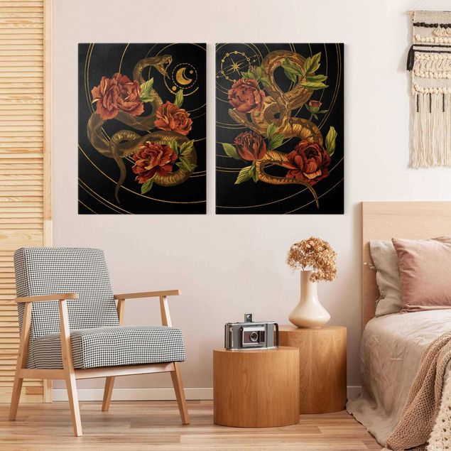 Wandbilder Floral Schlange mit Rosen Schwarz und Gold Duo