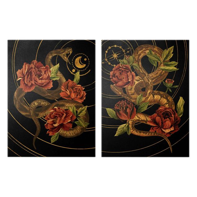 Wandbilder Schwarz Schlange mit Rosen Schwarz und Gold Duo