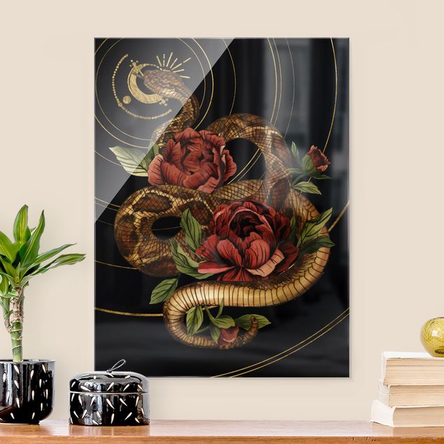 Glasbilder Blumen Motive Schlange mit Rosen Schwarz und Gold I