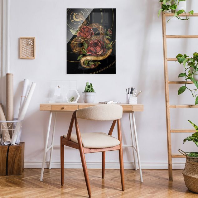 Wandbilder Floral Schlange mit Rosen Schwarz und Gold I