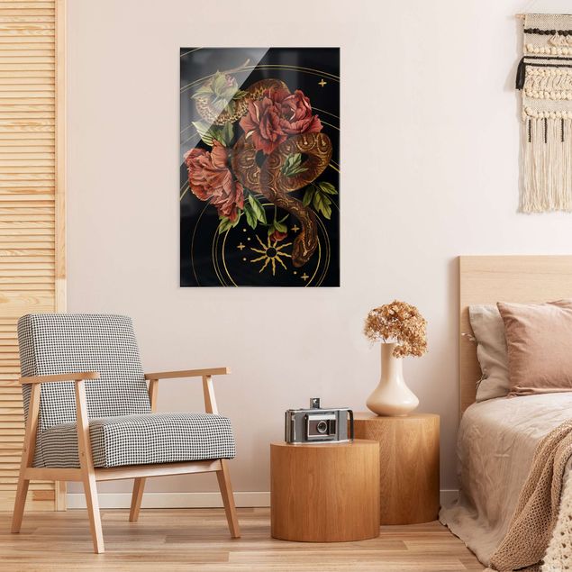 Wandbilder Floral Schlange mit Rosen Schwarz und Gold III
