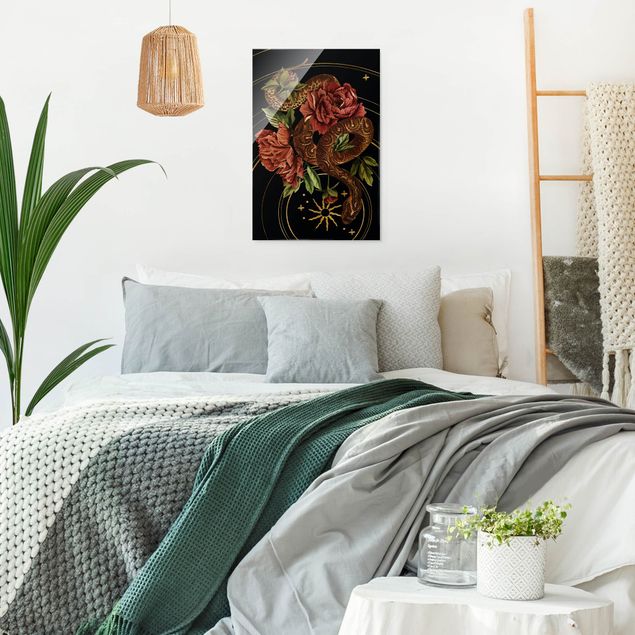 Wandbilder Blumen Schlange mit Rosen Schwarz und Gold III