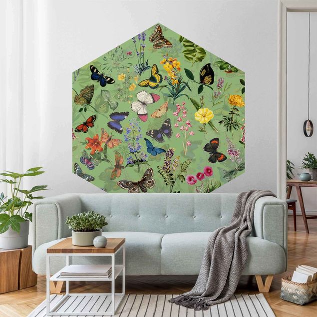 Tapeten mit Muster Schmetterlinge mit Blumen auf Grün