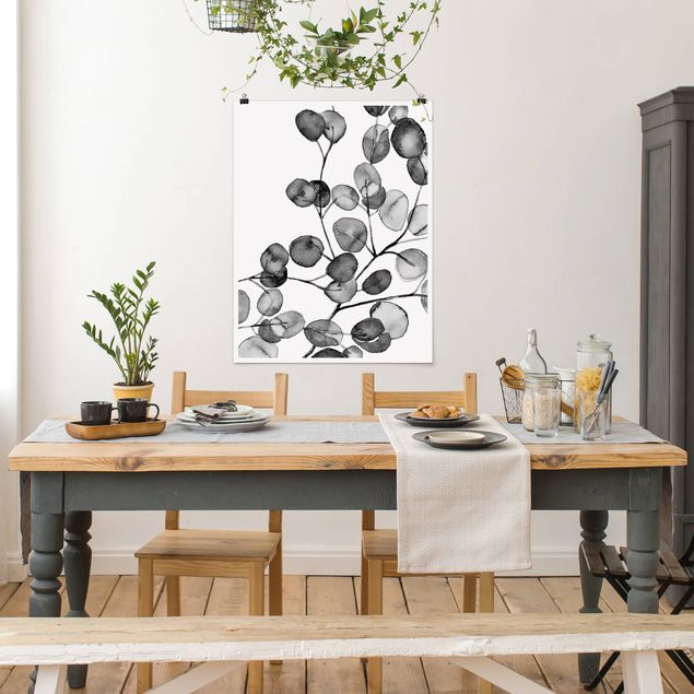 Poster schwarz-weiß Schwarz Weiß Aquarell Eukalyptuszweig