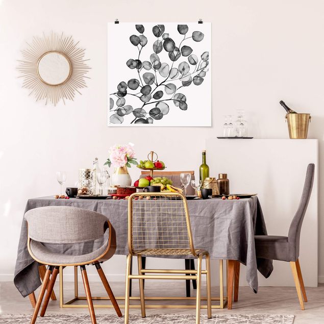 Poster mit Blumen Schwarz Weiß Aquarell Eukalyptuszweig
