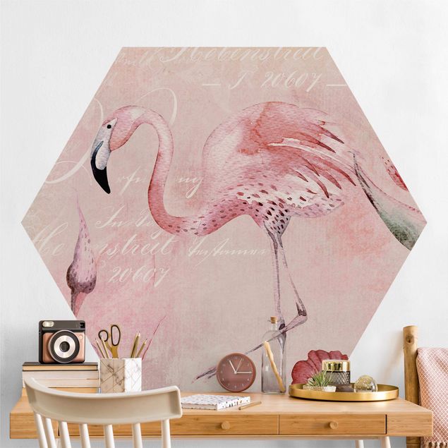 Hexagon Mustertapete selbstklebend - Shabby Chic Collage - Flamingo