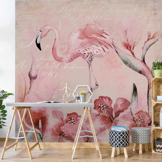 Fototapete Flamingo Shabby Chic Collage - Flamingo
