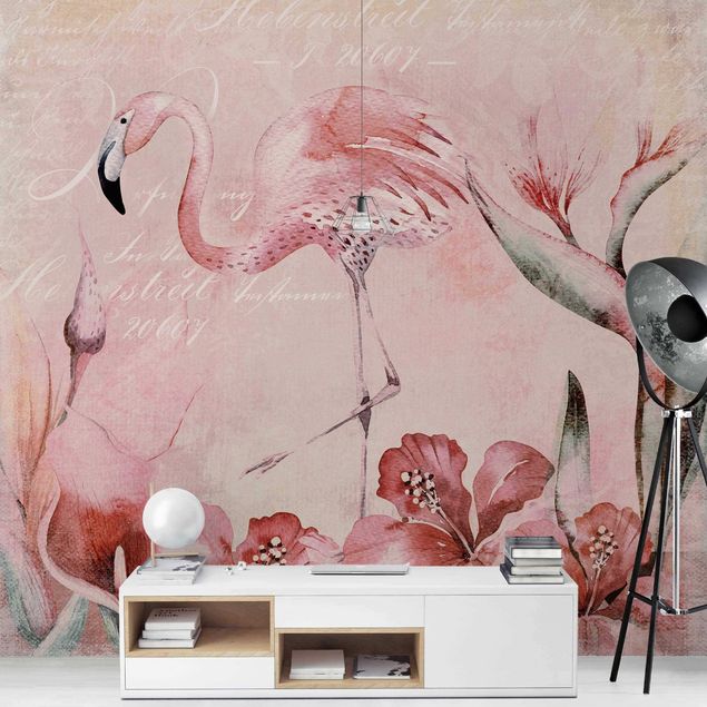 Fototapete Vögel Shabby Chic Collage - Flamingo