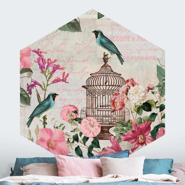 Vogel Tapete Shabby Chic Collage - Rosa Blüten und blaue Vögel