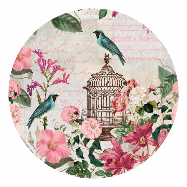 Fototapete modern Shabby Chic Collage - Rosa Blüten und blaue Vögel