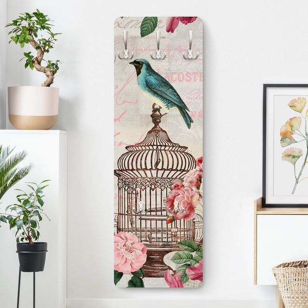 Garderobenpaneel Vintage Shabby Chic Collage - Rosa Blüten und blaue Vögel