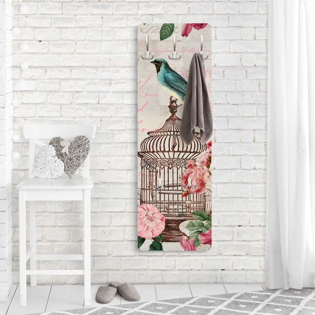 Garderobe Landhaus Shabby Chic Collage - Rosa Blüten und blaue Vögel
