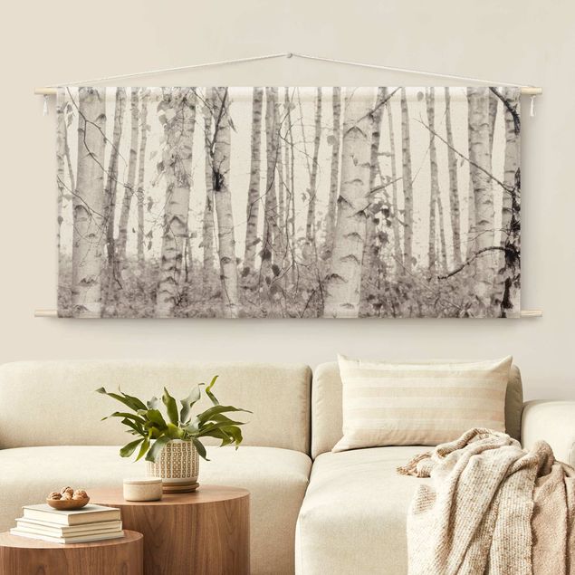Wandbehang Wald Silberbirke im weißen Licht