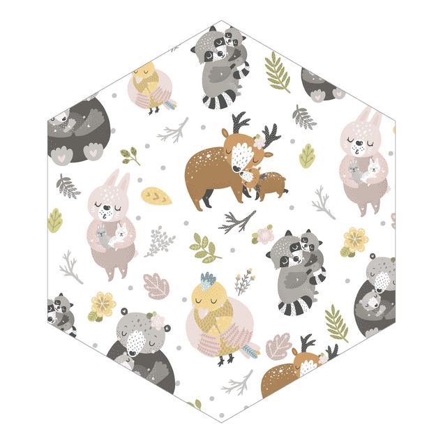 Hexagon Mustertapete selbstklebend - Skandinavische Tierfamilien umarmen sich