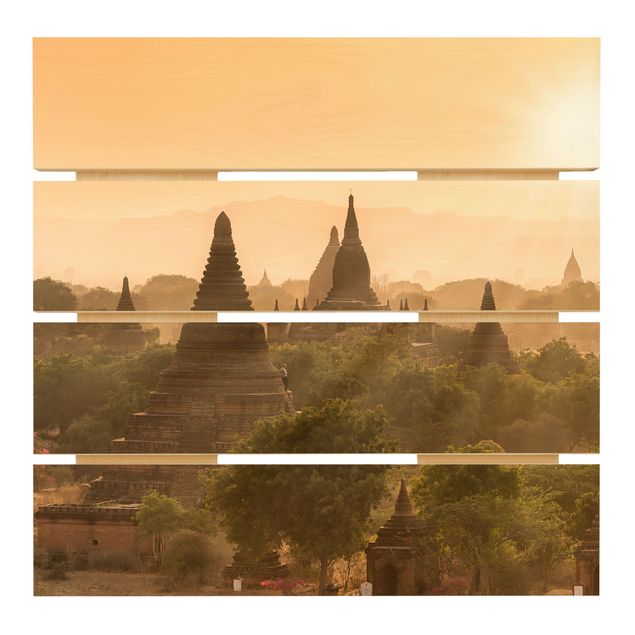 Wandbild Holz Sonnenuntergang über Bagan