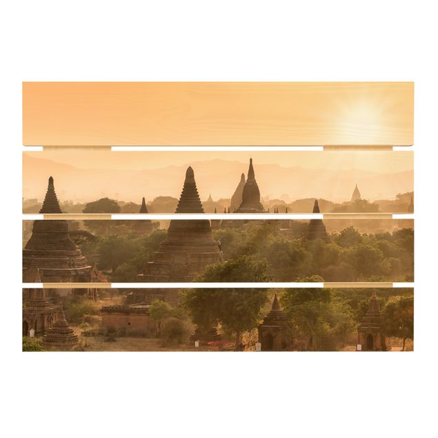 Bilder auf Holz Sonnenuntergang über Bagan