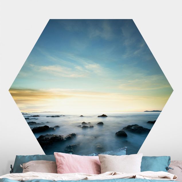 Hexagon Mustertapete selbstklebend - Sonnenuntergang über dem Ozean