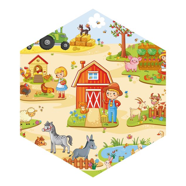 Hexagon Tapete Bauernhof - Landarbeit macht Spaß