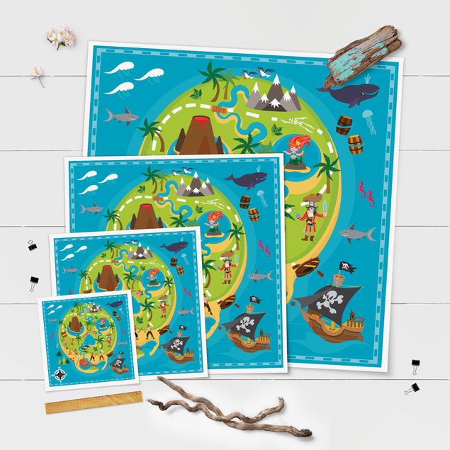 Poster - Spielteppich Piraten - Willkommen auf der Pirateninsel - Quadrat 1:1