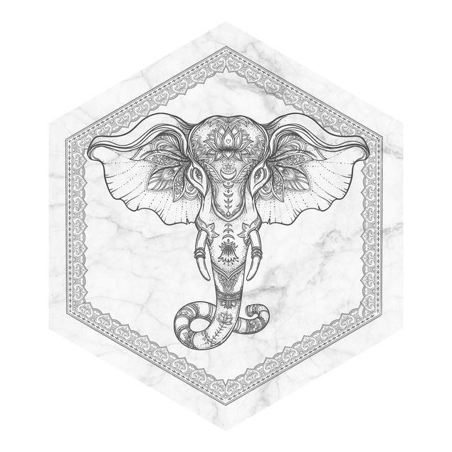 Hexagon Tapete Spiritueller Elefant in Marmoroptik