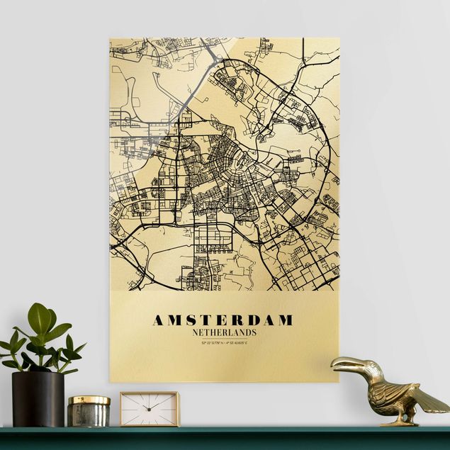 Glasbilder Schwarz-Weiß Stadtplan Amsterdam - Klassik