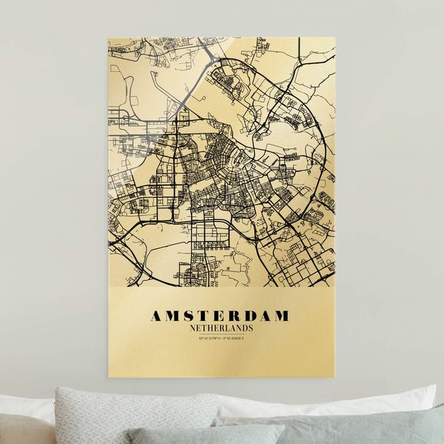 Glasbilder Städte Stadtplan Amsterdam - Klassik