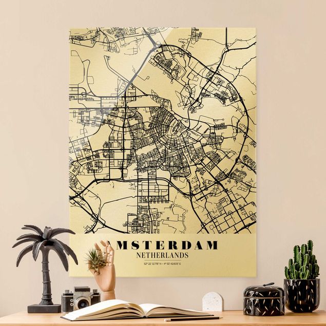 Glasbild schwarz-weiß Stadtplan Amsterdam - Klassik