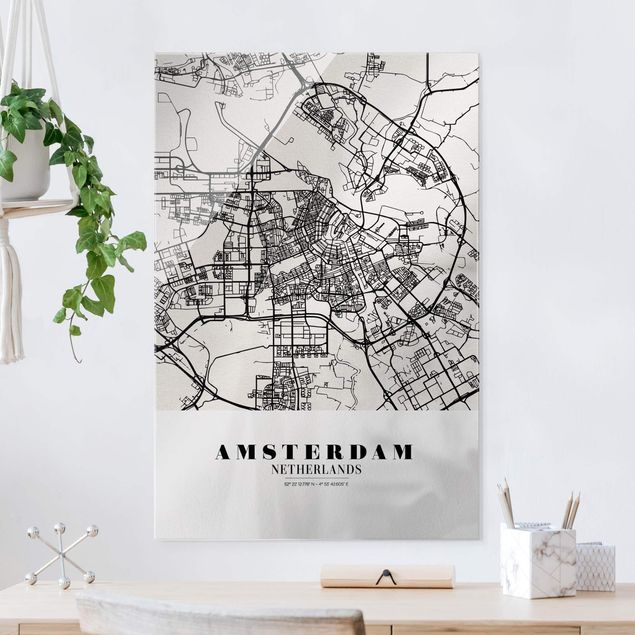 Glasbilder Schwarz-Weiß Stadtplan Amsterdam - Klassik