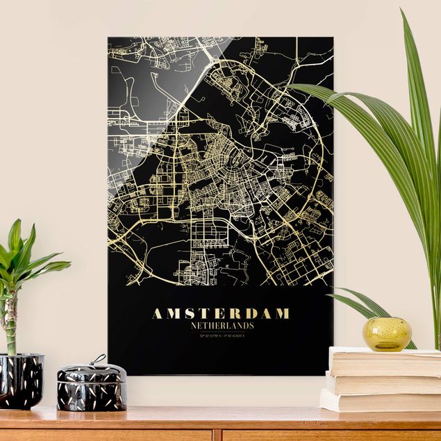 Glasbilder Schwarz-Weiß Stadtplan Amsterdam - Klassik Schwarz