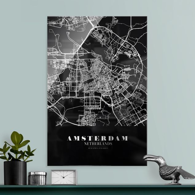 Glasbilder Schwarz-Weiß Stadtplan Amsterdam - Klassik Schwarz