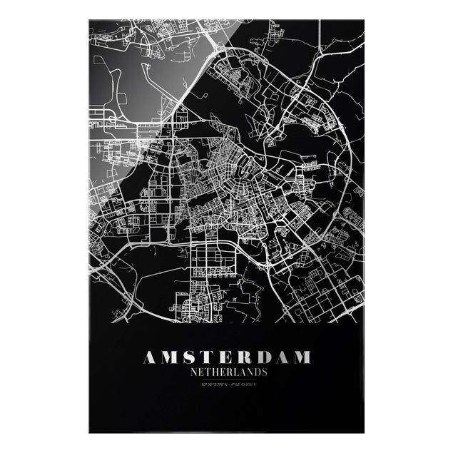 Wandbilder Schwarz-Weiß Stadtplan Amsterdam - Klassik Schwarz