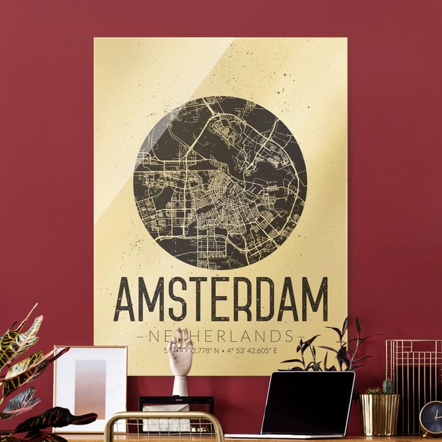 Glasbild schwarz-weiß Stadtplan Amsterdam - Retro