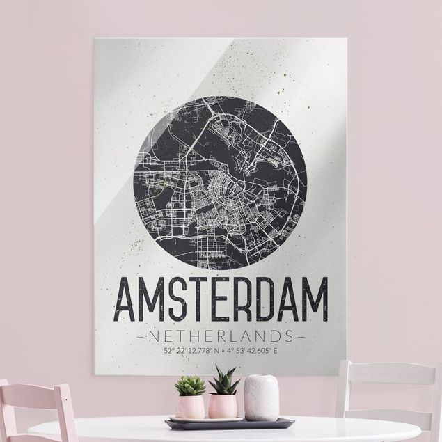 Glasbild schwarz-weiß Stadtplan Amsterdam - Retro