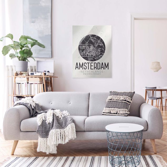 Glasbilder Weltkarte Stadtplan Amsterdam - Retro