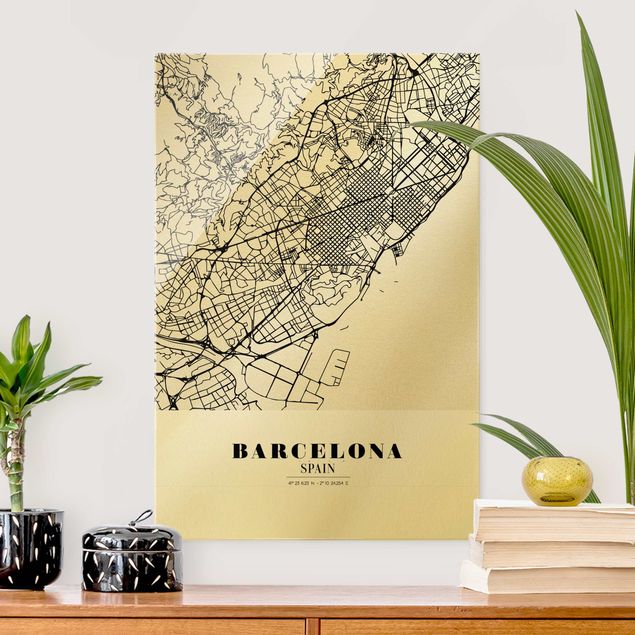 schwarz weiß Glasbilder Stadtplan Barcelona - Klassik