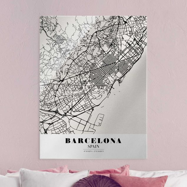 Glasbilder Schwarz-Weiß Stadtplan Barcelona - Klassik