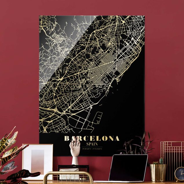 schwarz weiß Glasbilder Stadtplan Barcelona - Klassik Schwarz