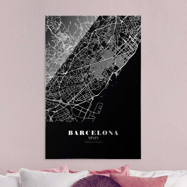 schwarz weiß Glasbilder Stadtplan Barcelona - Klassik Schwarz