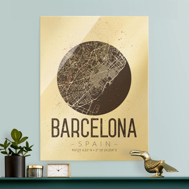 Glasbild schwarz-weiß Stadtplan Barcelona - Retro