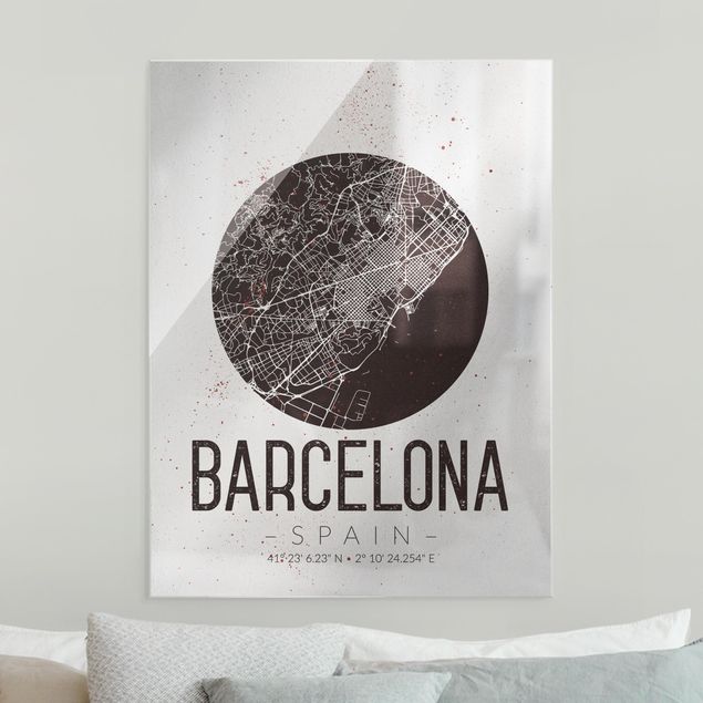 Glasbild schwarz-weiß Stadtplan Barcelona - Retro