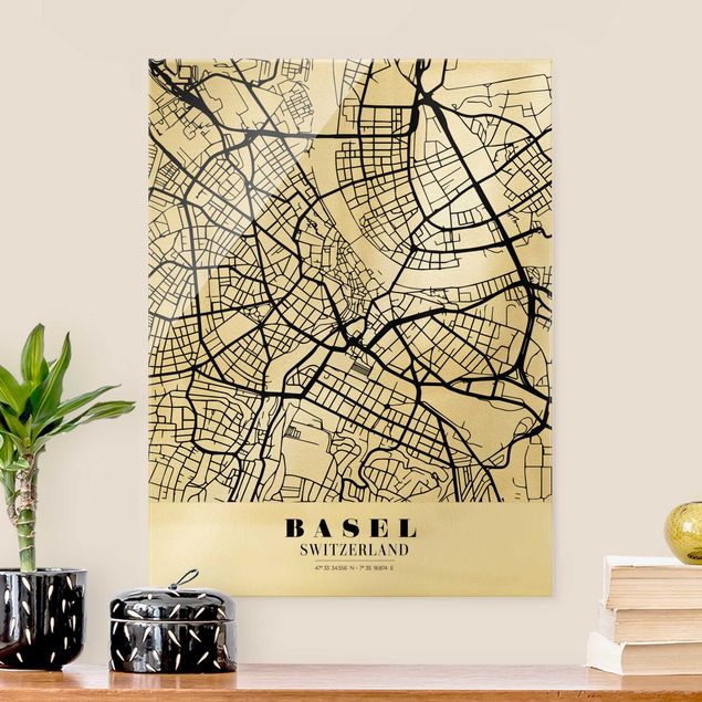 schwarz weiß Glasbilder Stadtplan Basel - Klassik