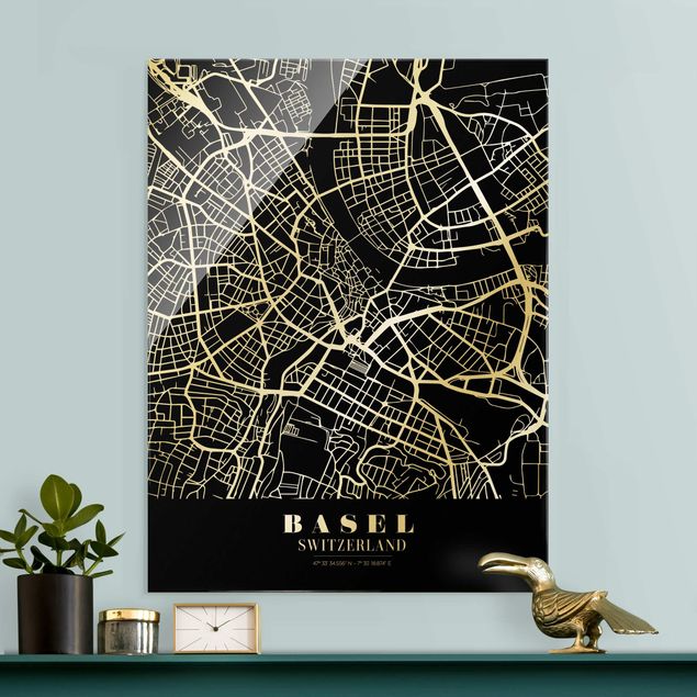 schwarz weiß Glasbilder Stadtplan Basel - Klassik Schwarz