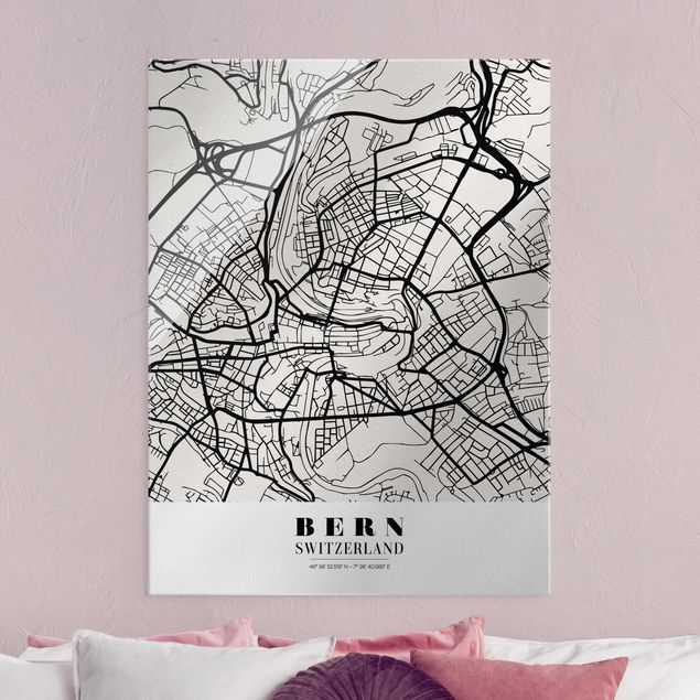 Glasbild schwarz-weiß Stadtplan Bern - Klassik